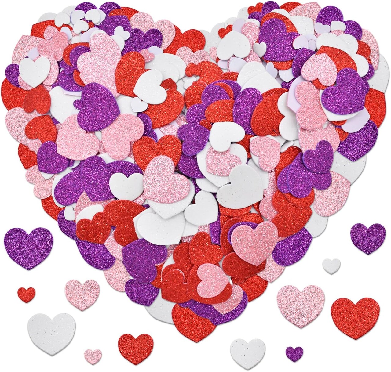 400PCS Heart Shaped Glitter Foam Stickers – Self-Adhesive Red, Pink, Purple & White Hearts in 3 Sizes for Kids Crafts, Valentine’s Day, Wedding, Scrapbooking & Party Decorations